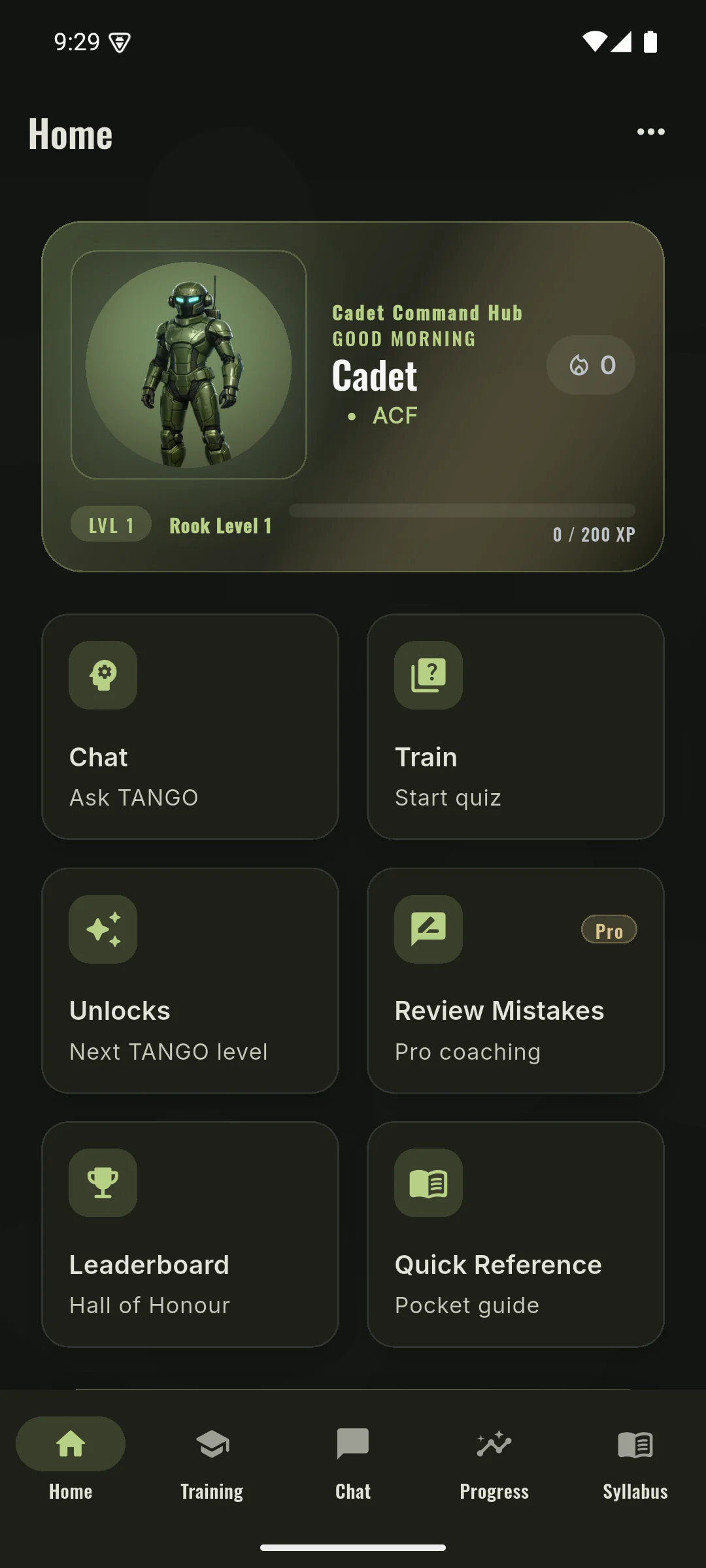 Phone home hub with selected TANGO, rank, XP bar, quick actions and streak