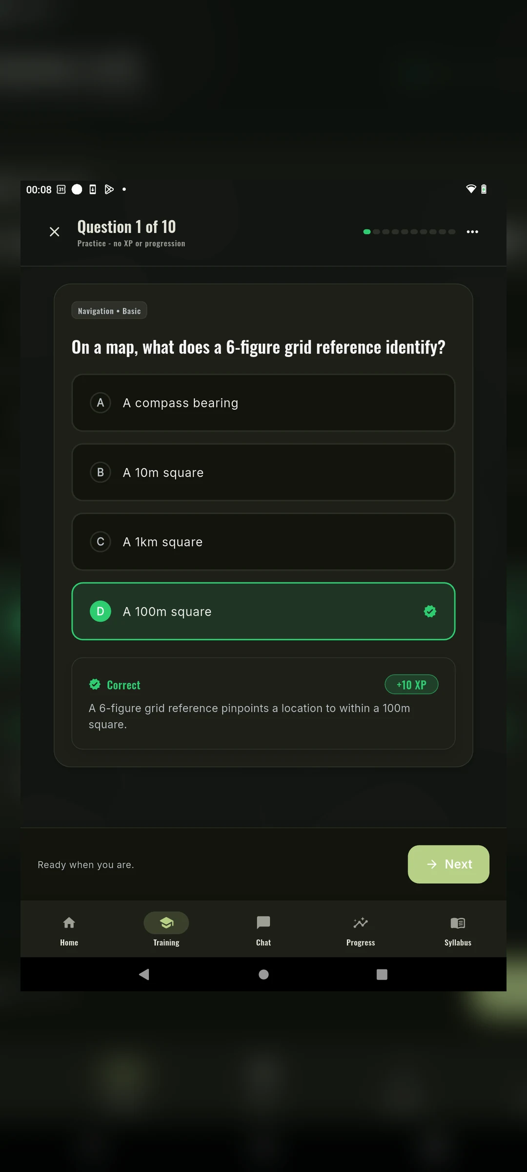 Phone quiz question with four answer choices and the correct answer explained