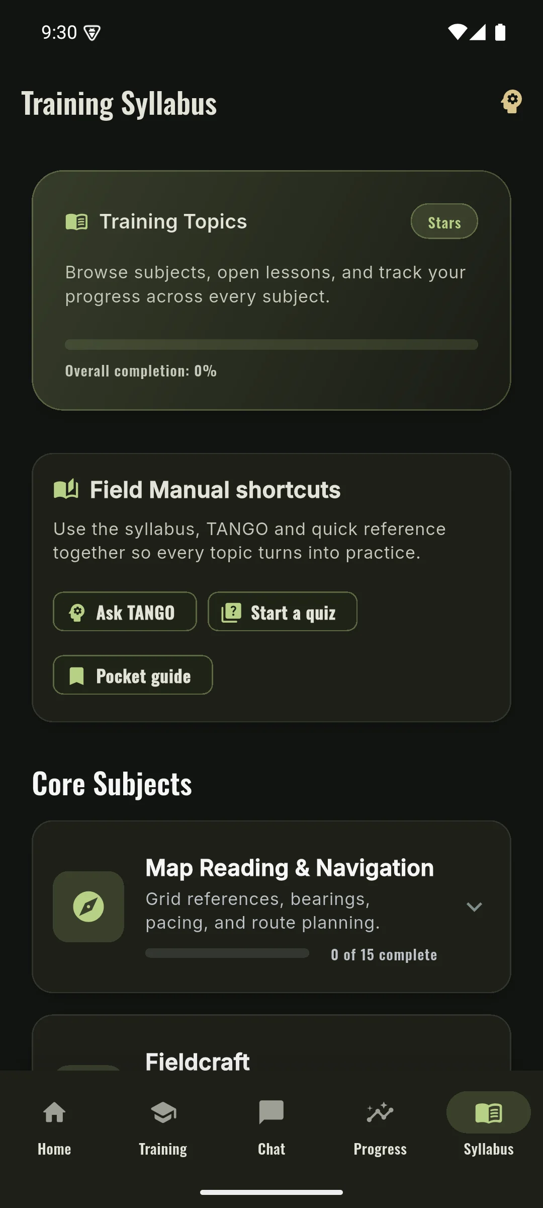 Phone training syllabus across every cadet subject with progress