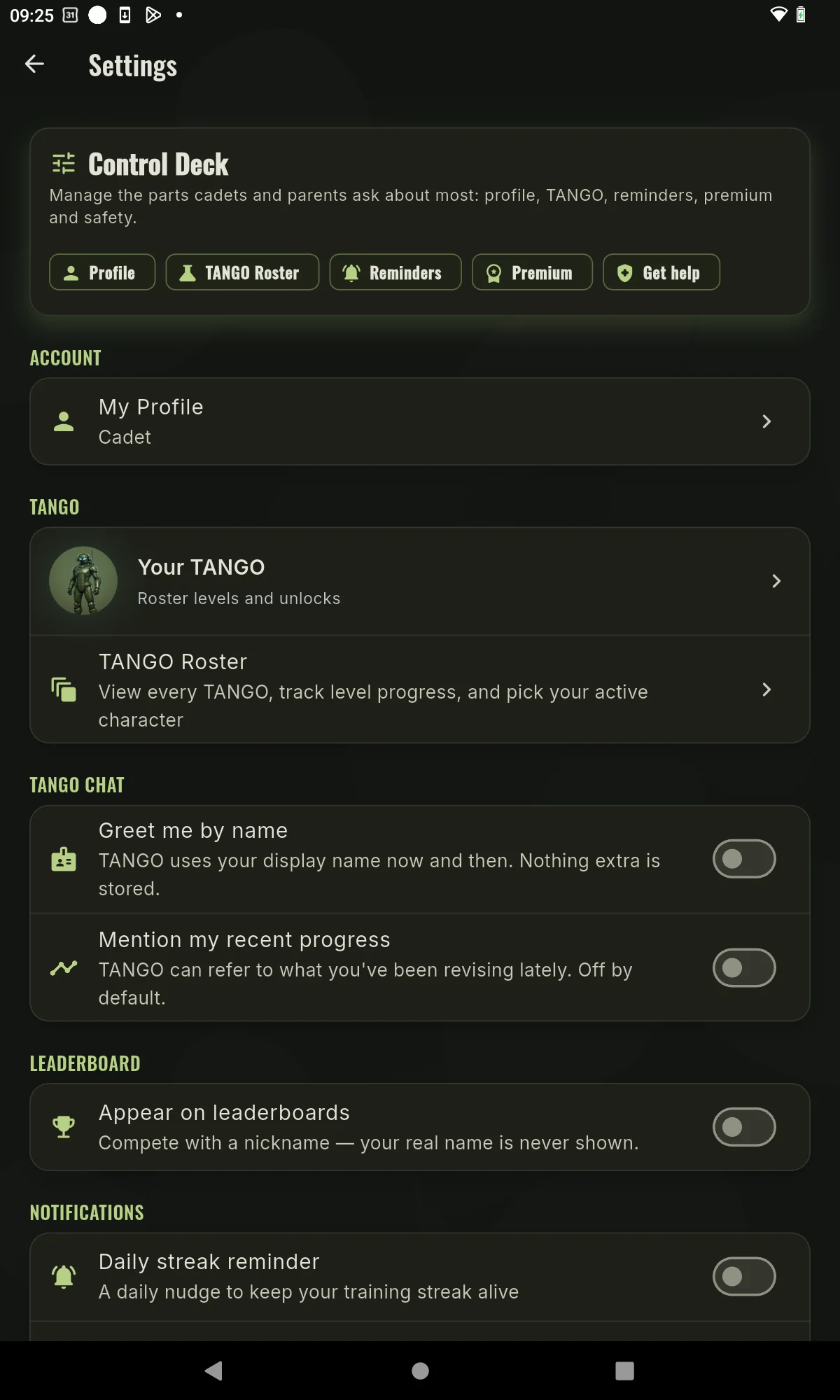 Tablet settings screen with account and app preferences