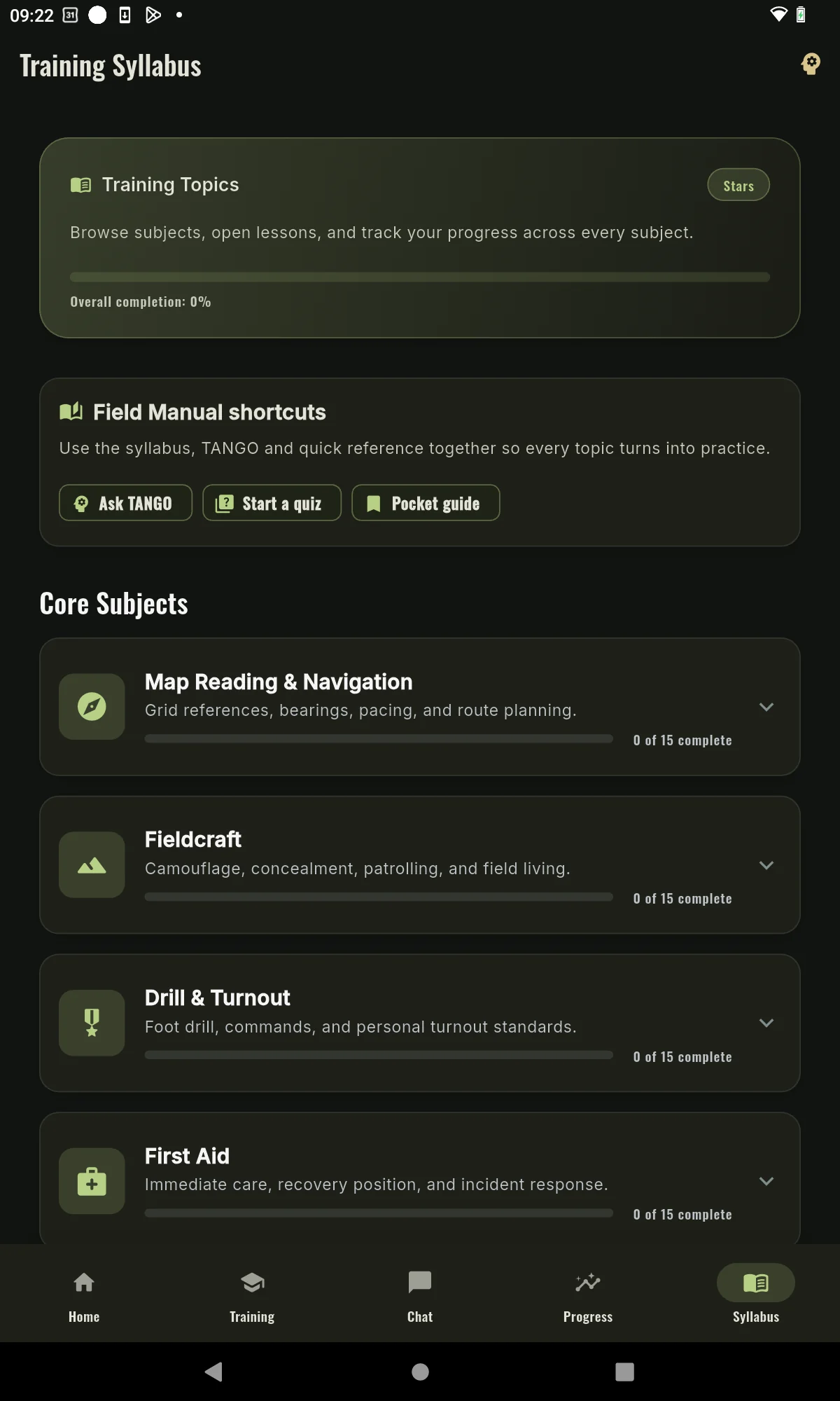 Tablet syllabus screen covering cadet subjects and lessons